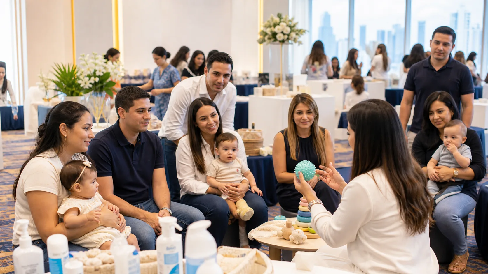 Familias participan en una demostración de estimulación temprana durante la Feria del Bebé
