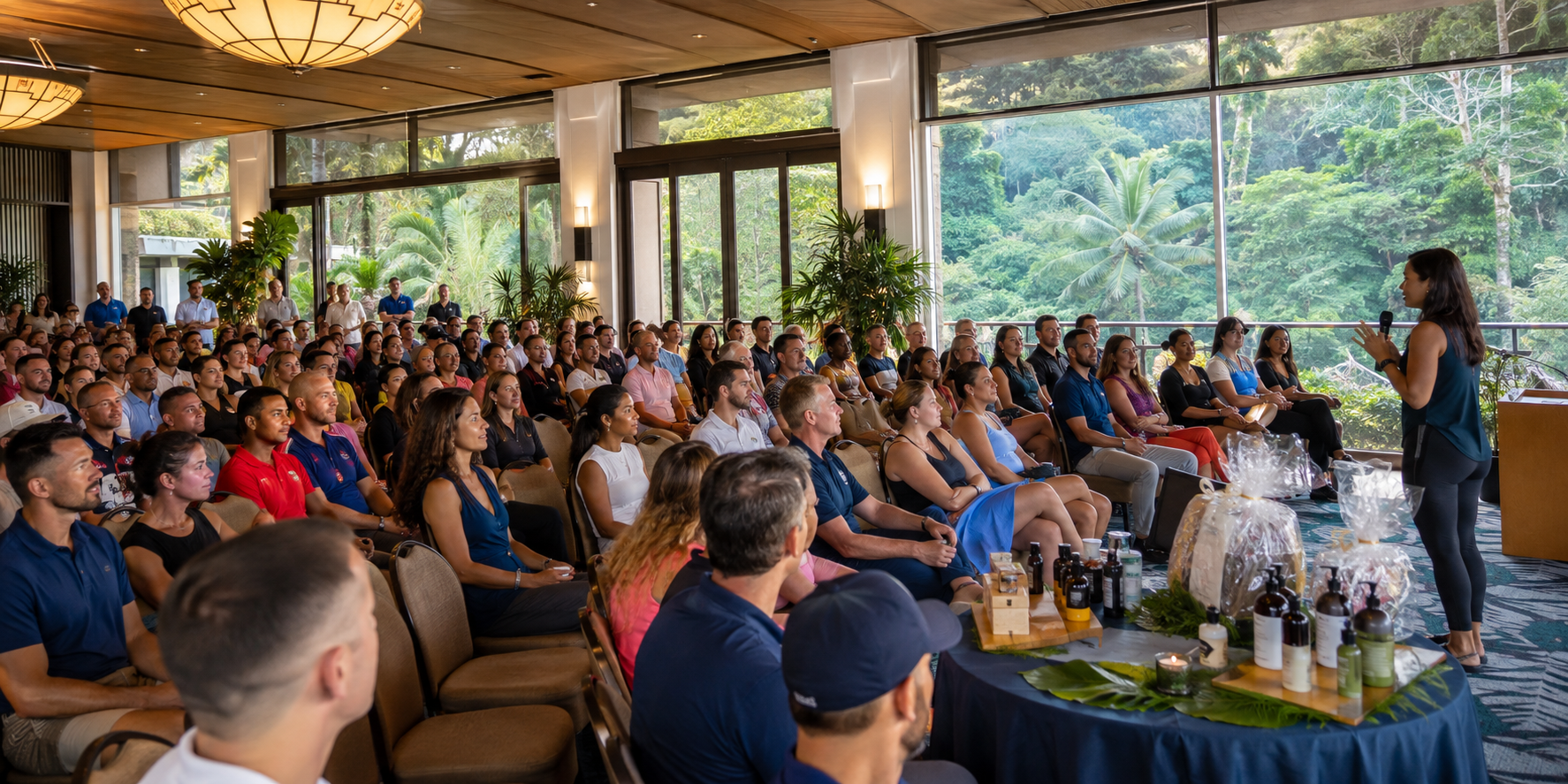 Asistentes participan en un encuentro de bienestar organizado por Pandeportes en el Hotel Summit Rainforest